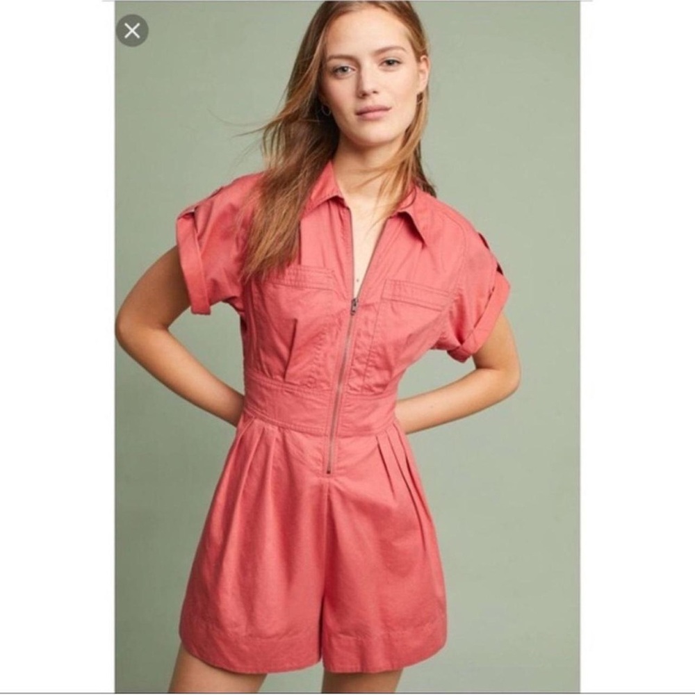 Anthropologie Holding Horses Coral Utility Zip Front Romper Size 2
